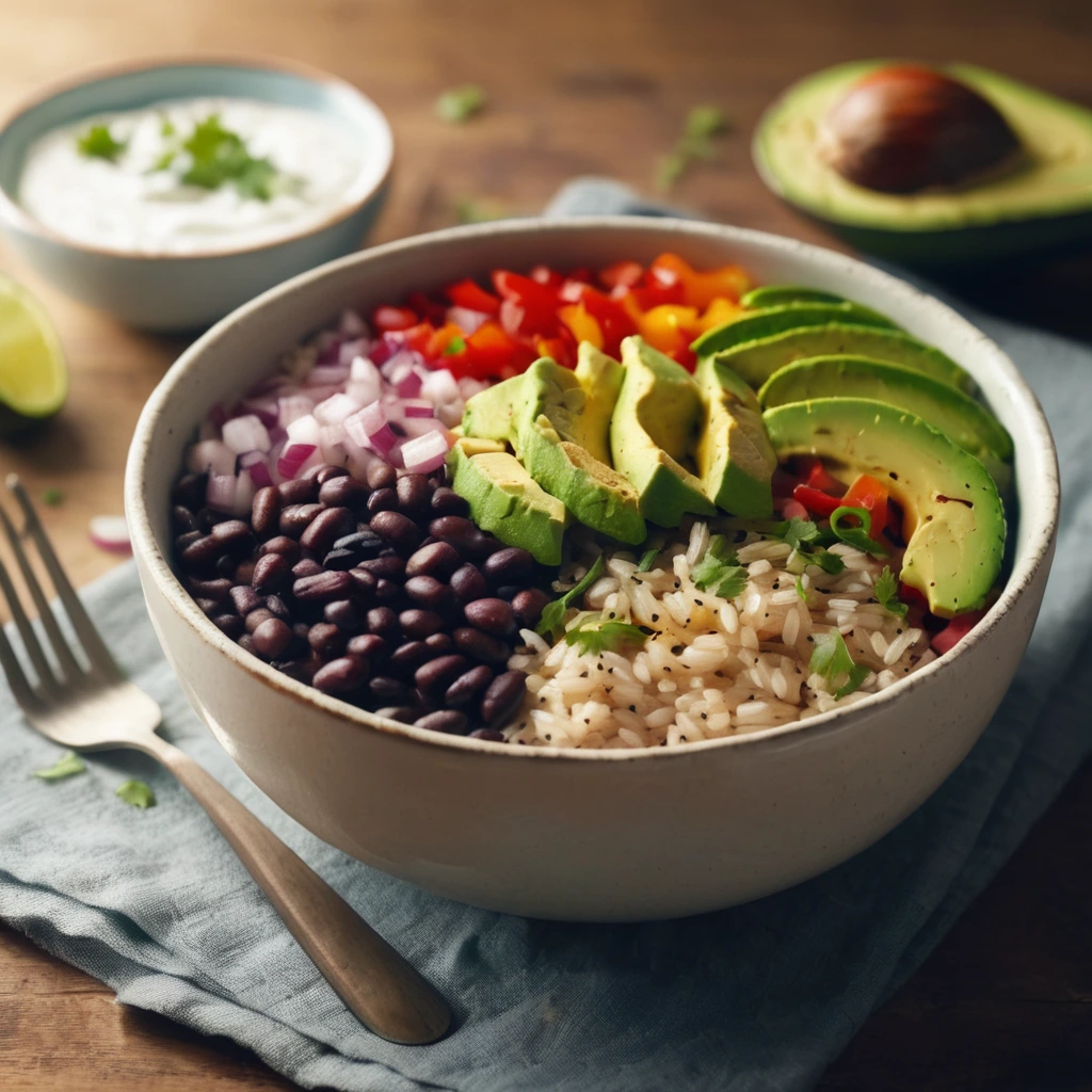 A bowl with layers of brown rice, black beans, red onions, red bell peppers, diced avocado, topped with creamy white yogurt sauce and sprinkled with cilantro. Sunlight streaming in softly from the background.