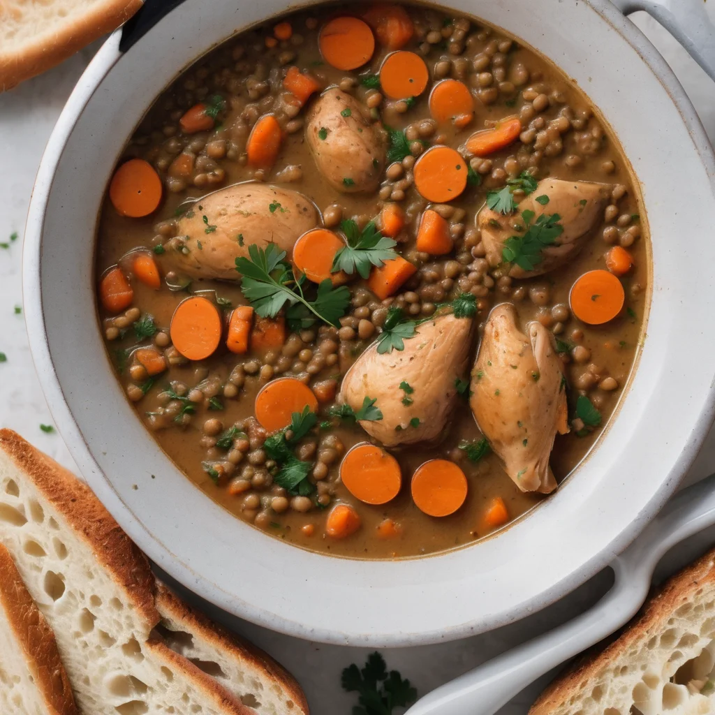 A hearty chicken lentil stew garnished with carrots and parsley. Served with bread.