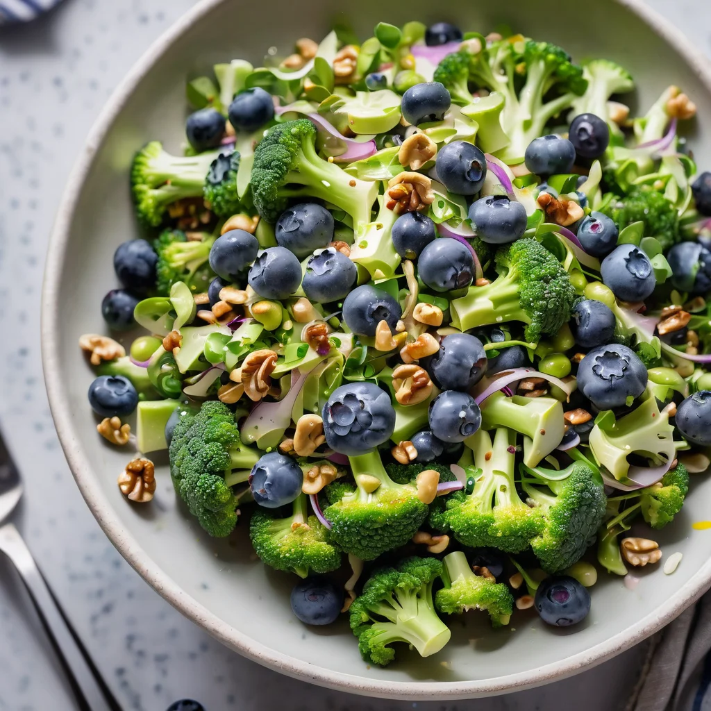 A bowl of broccoli salad with vibrant green broccoli florets and sprouts, blue blueberries, and chopped walnuts tossed in an olive oil dressing. Served chilled with a fork.