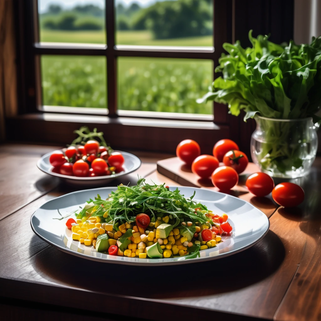 A photo of a salad with arugula, avocado, corn, and cherry tomatoes artfully plated