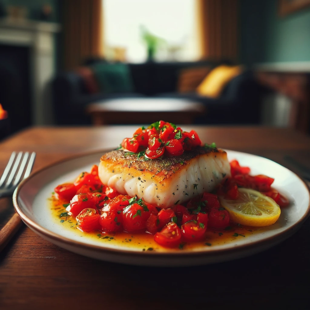 A baked cod fillet topped with a fresh tomato relish