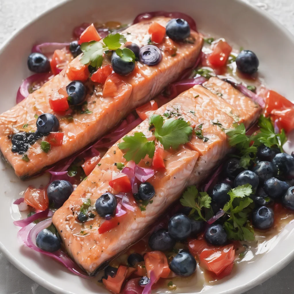 Two pink salmon fillets baked and topped with a fresh salsa of blueberries, tomato, red onion, cilantro, on a white plate. Soft lighting from above.