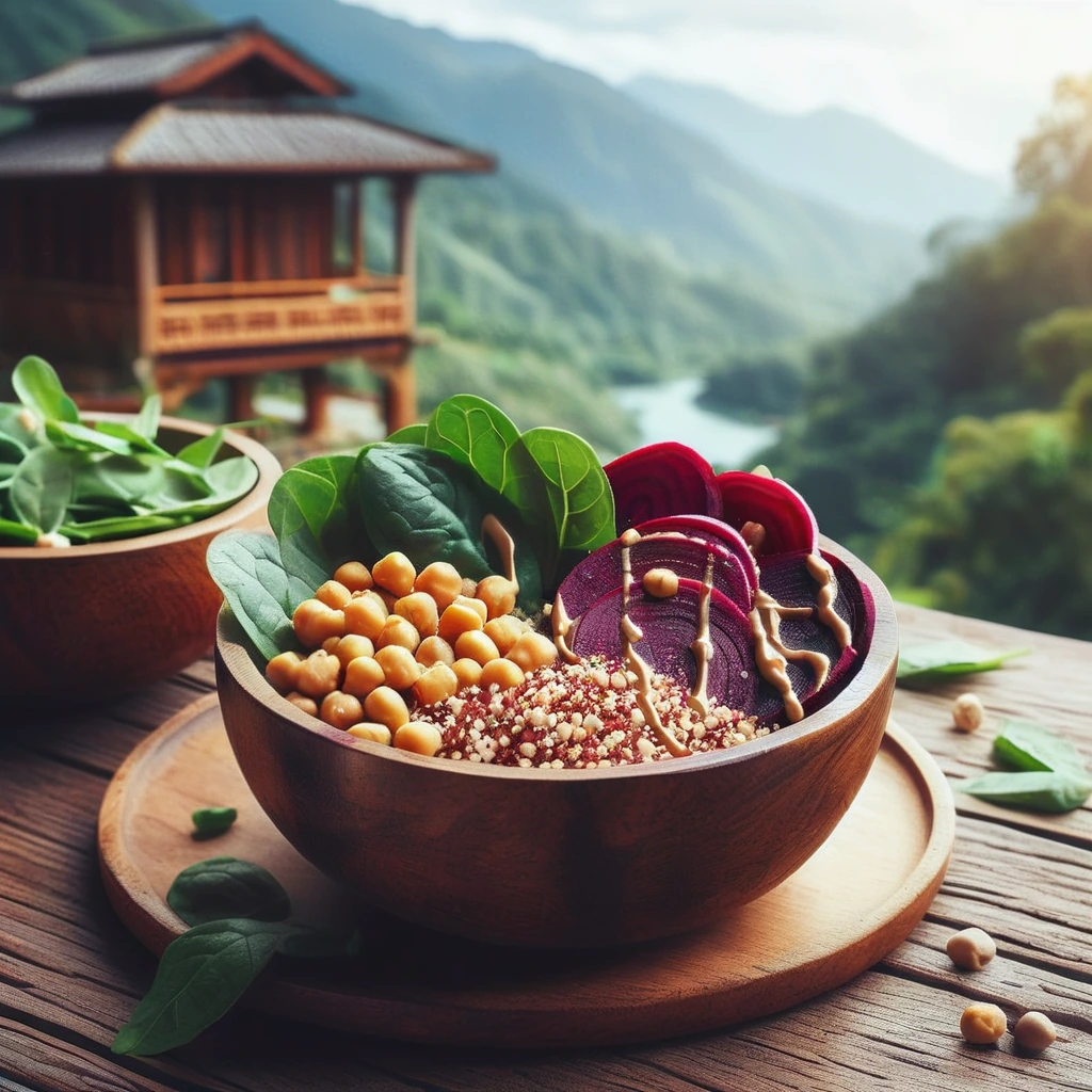 A Buddha bowl with quinoa, chickpeas, beets and spinach