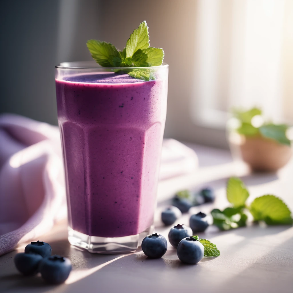 A tall glass filled with a thick purple smoothie, garnished with blueberries and mint leaves. Sunlight streaming in from the left, soft focus.