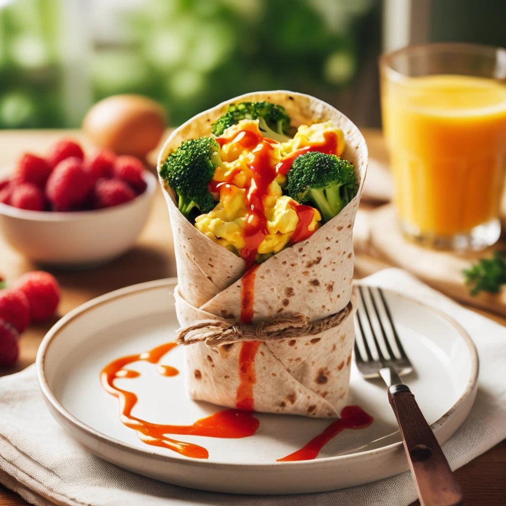 A whole wheat wrap filled with scrambled eggs and broccoli