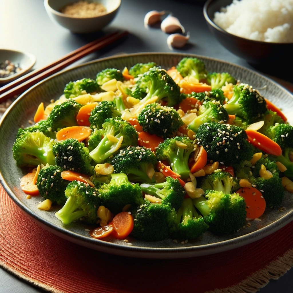 A vibrant stir-fry of broccoli florets, carrots, garlic and ginger sauteed in a pan with sesame seeds sprinkled on top.