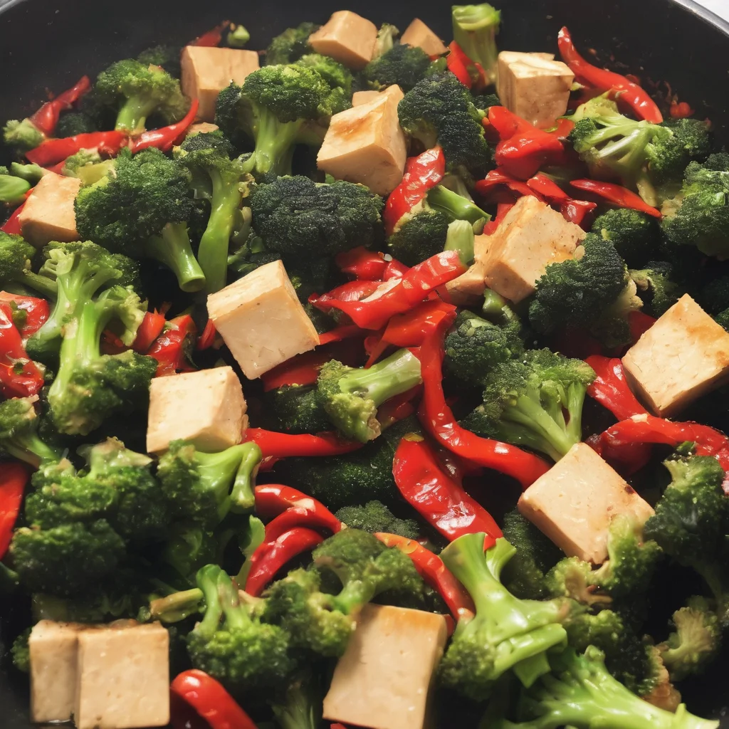 A stir fry of broccoli, red peppers and tofu sautéing in a wok