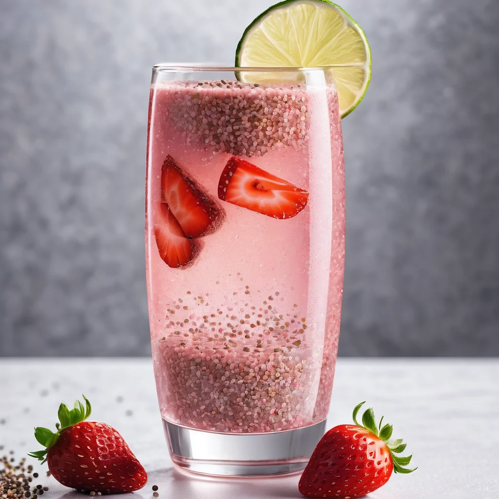 Two glasses filled with a pink watery drink topped with sliced strawberries and lime wedges, with chia seeds, strawberries and lime pictured