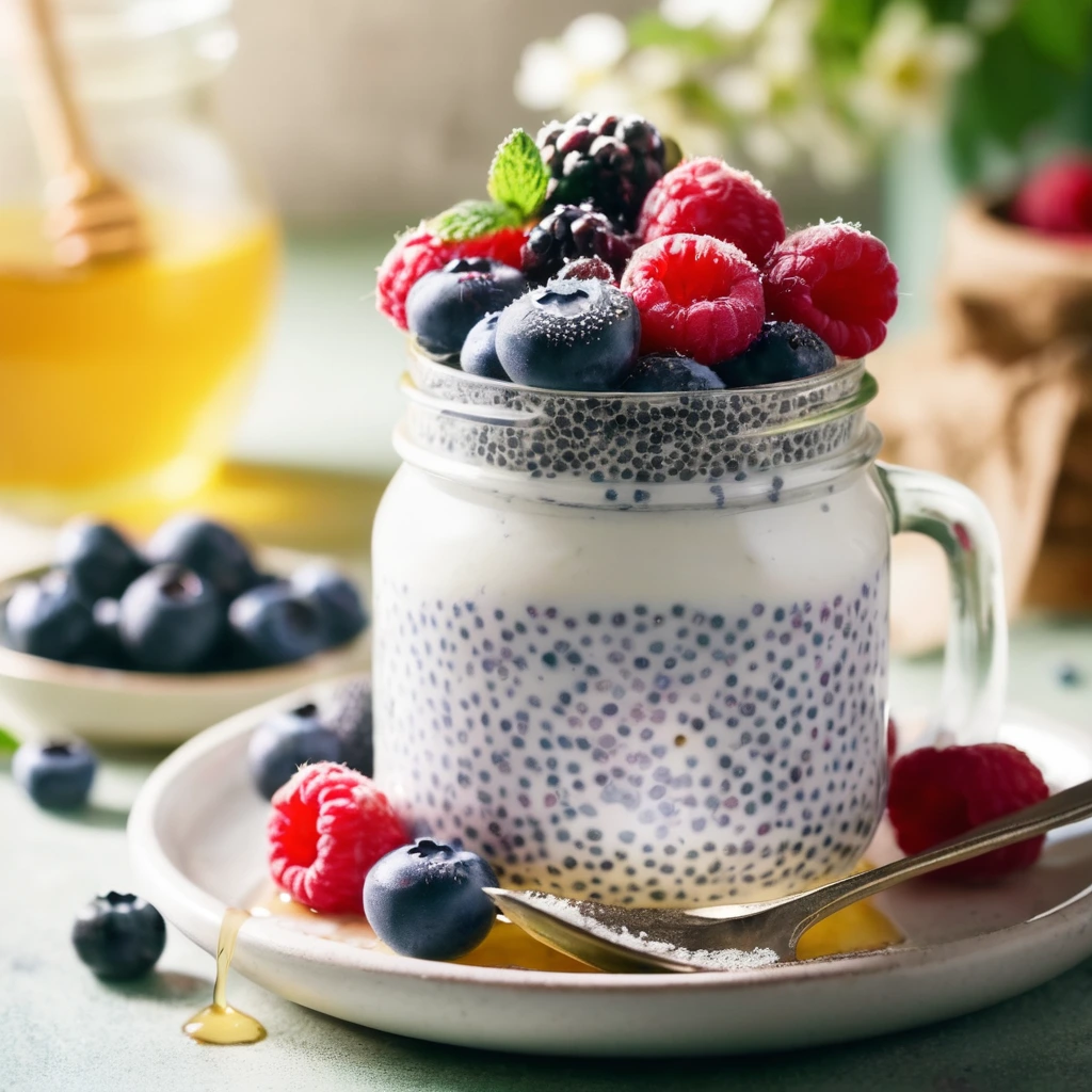 A bowl of creamy white chia seed pudding topped with mixed berries and mint leaves.