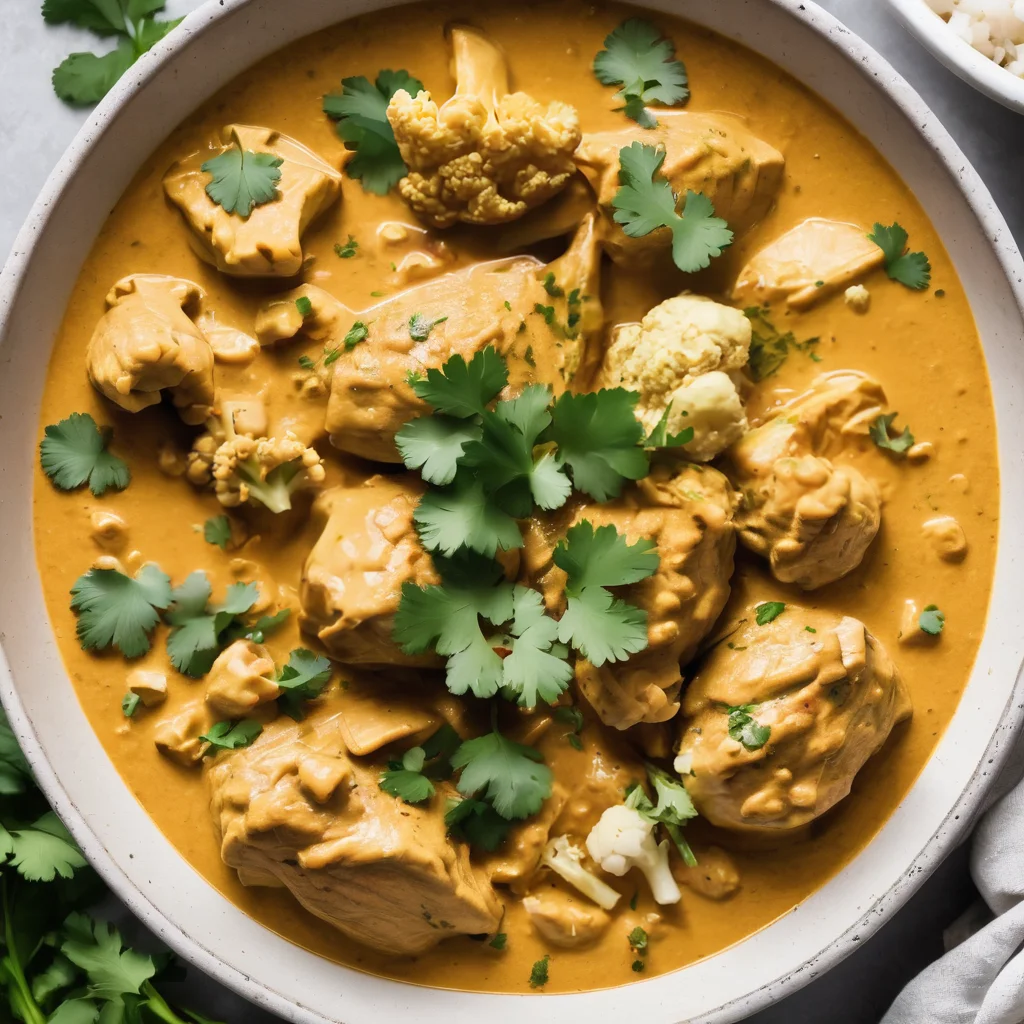 A bowl of creamy coconut curry chicken with cauliflower florets garnished with cilantro