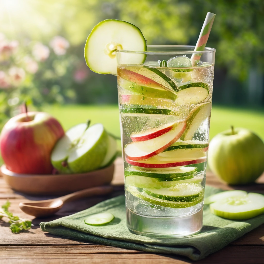 A green cucumber drink with apple slices