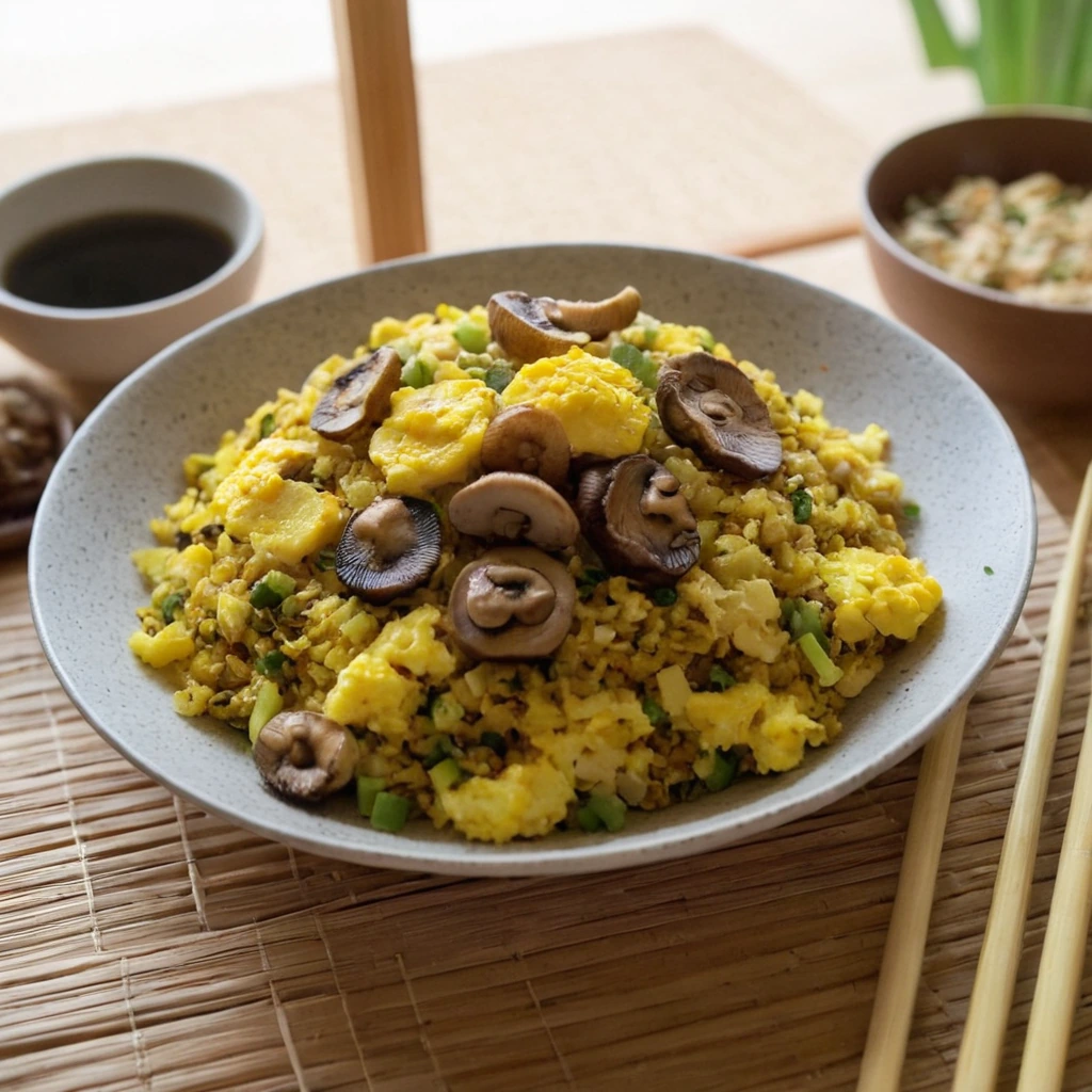 A bowl of curcumin cauliflower fried rice with eggs, turmeric, ginger and garlic