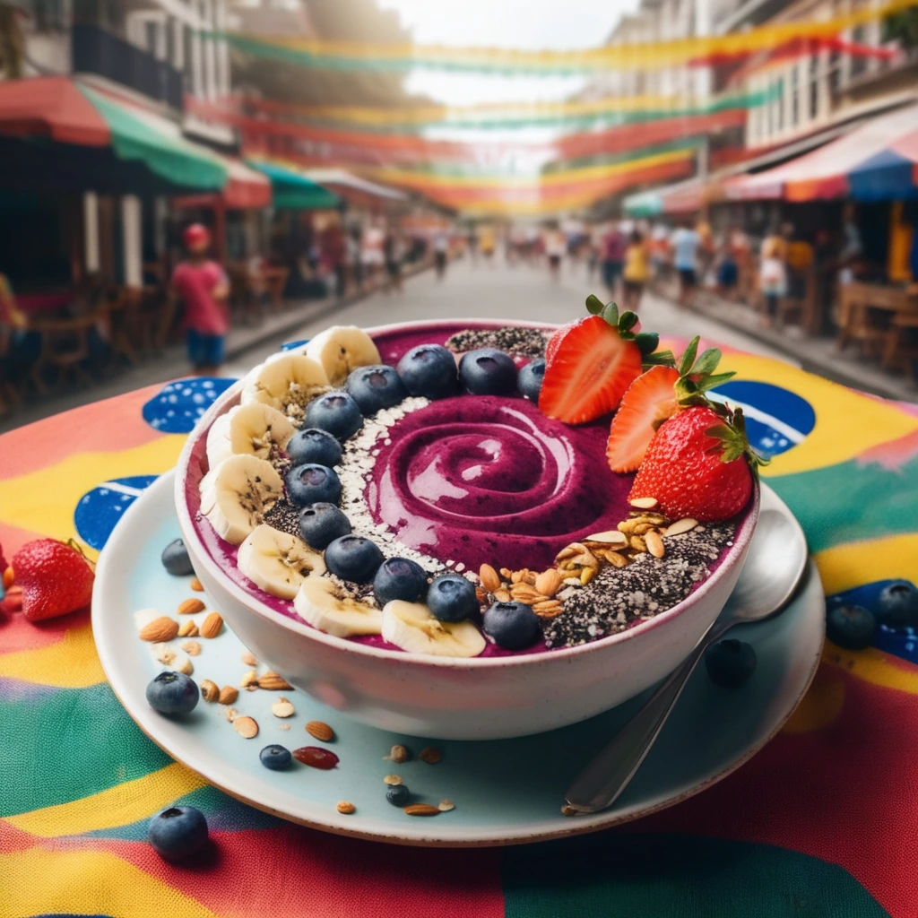 A deep purple acai bowl topped with mixed berries, banana slices, chia seeds and crunchy granola. Sprinkled with coconut flakes. Soft light shining down on the bowl.