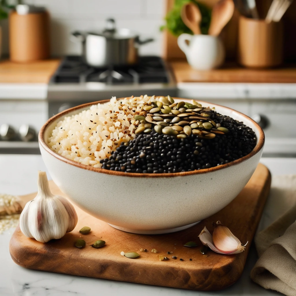 A vegetable bowl with beluga lentils, millet, garlic, pumpkin seeds, olive oil