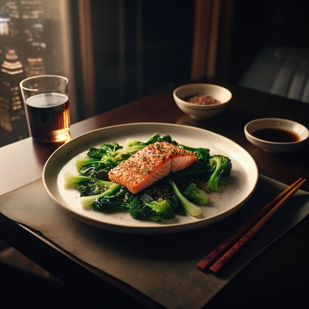 Two salmon fillets cooked in a pan on top of garlic sautéed bok choy greens.