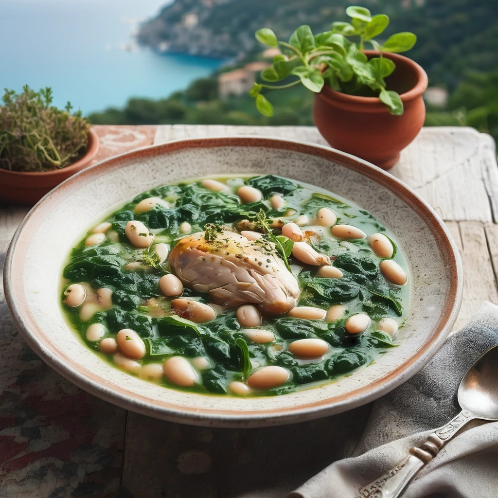 A steaming bowl of creamy spinach and white bean soup with chicken