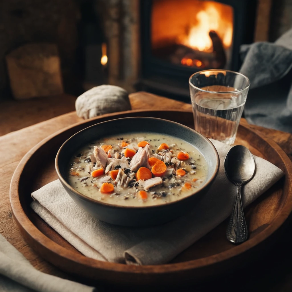 A creamy bowl of chicken and wild rice soup