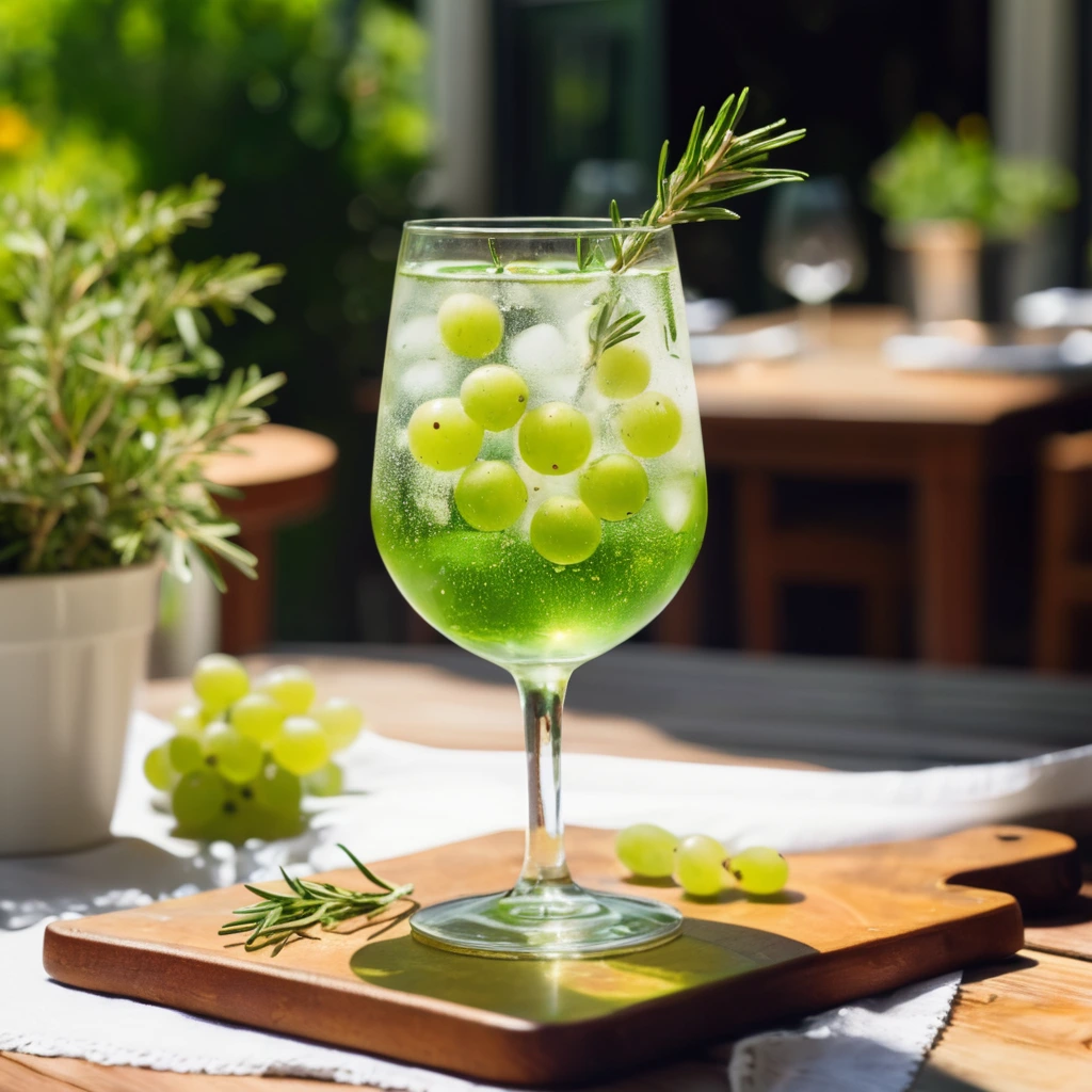 A light green grape spritzer with rosemary