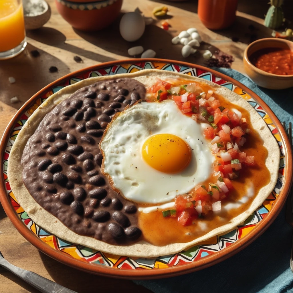 Corn tortilla topped with refried beans, fried eggs and salsa