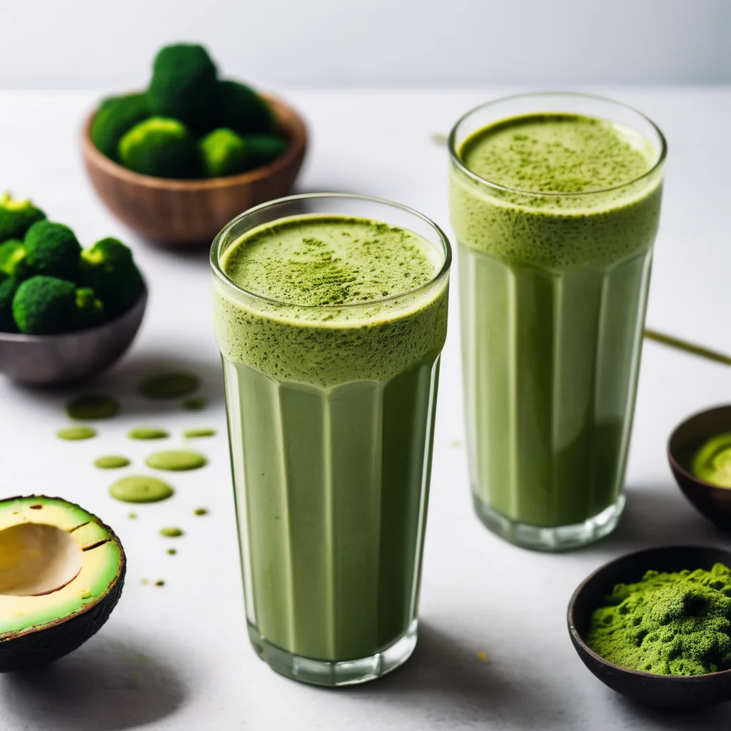 Two tall glasses filled with a creamy green broccoli and matcha drink, topped with matcha powder. Natural lighting.