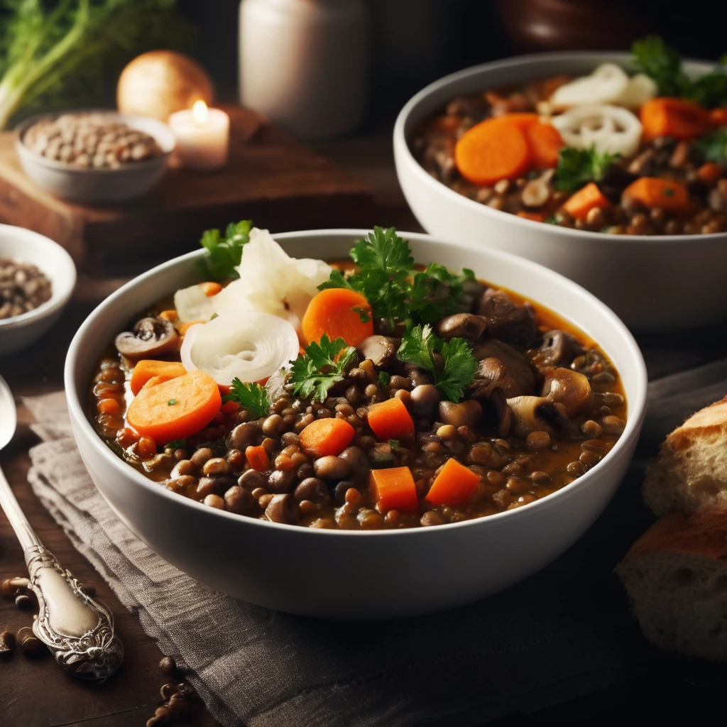 A rustic stew with lentils, carrots, onions, and mushrooms in bowls garnished with parsley.