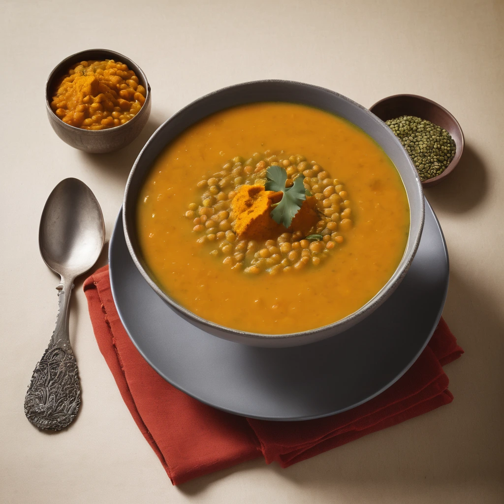 A bowl of golden turmeric lentil soup garnished with cilantro.