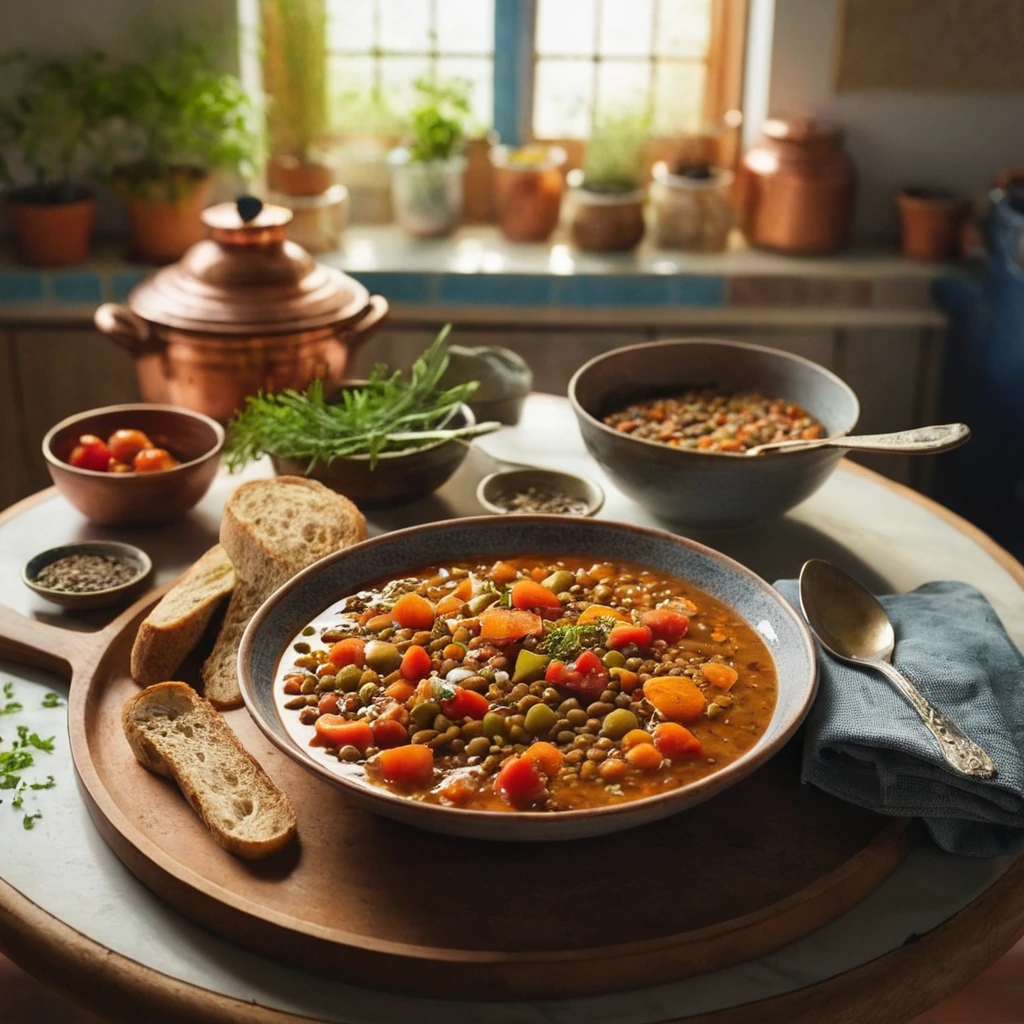 A rustic clay bowl filled with a hearty red lentil stew, served with a slice of crusty bread.