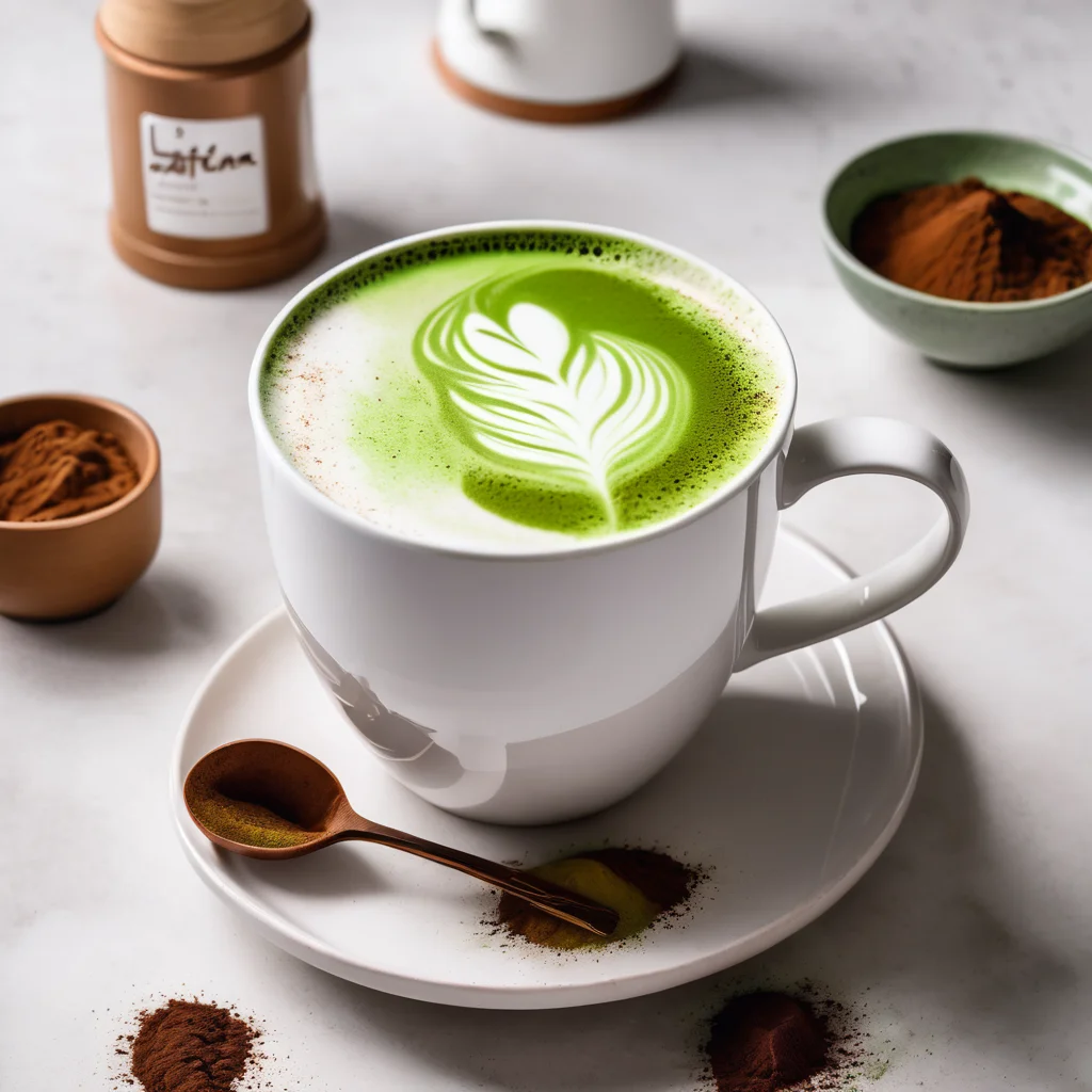 A green foamy latte in a white mug garnished with cocoa powder, with matcha powder, milk, honey and whisk pictured