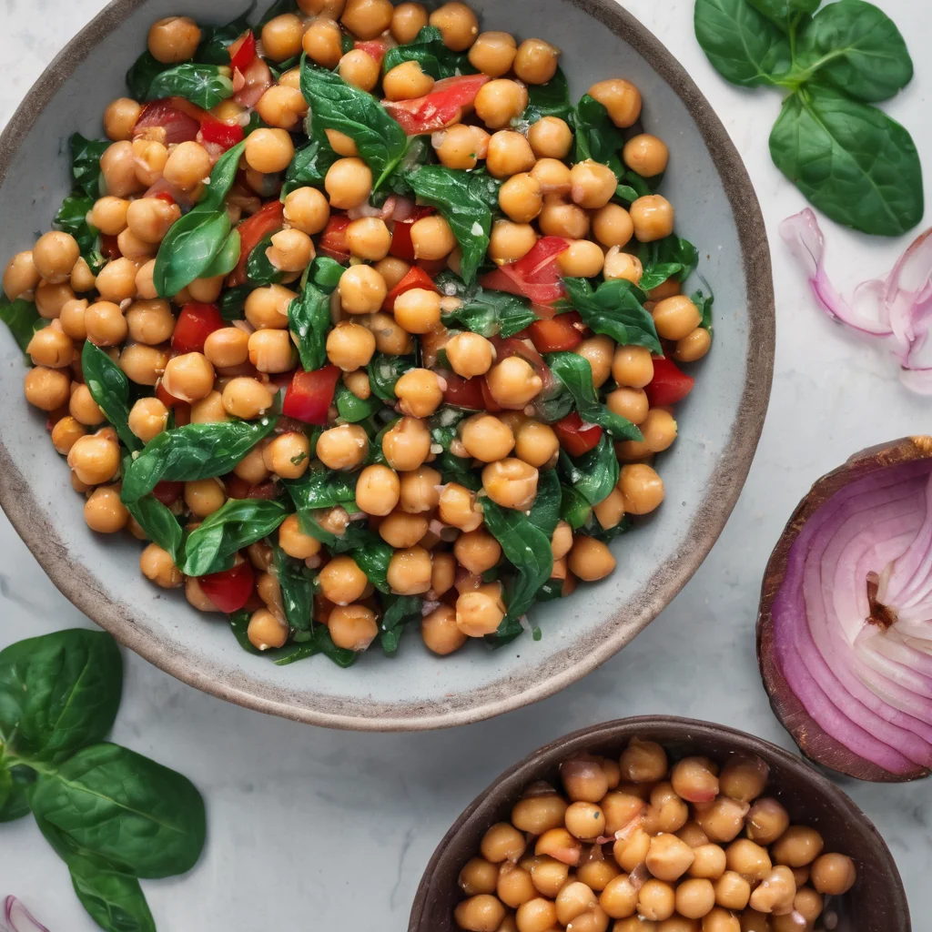 A bowl of chickpea salad with tomatoes, onions and spinach, next to chickpeas, tomatoes, olive oil and seasonings 