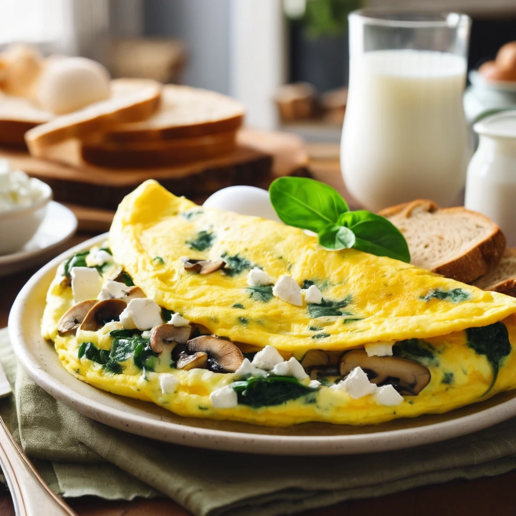 A mushroom and spinach omelet with feta cheese