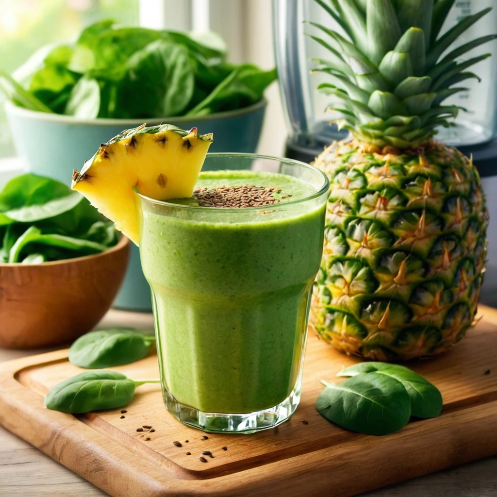 a glass of pineapple spinach smoothie