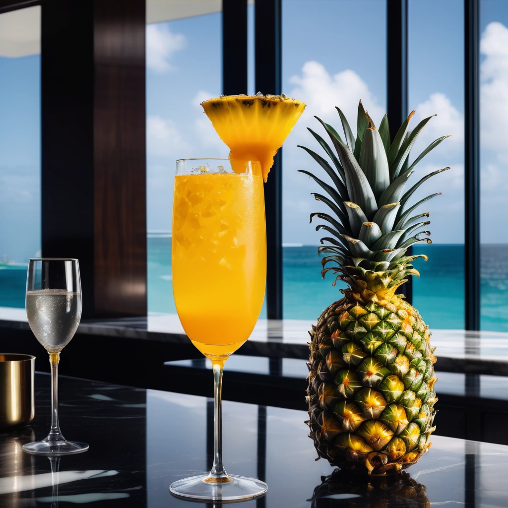 A tall mocktail glass filled with a golden pineapple turmeric drink, topped with bubbly water and garnished with a pineapple wedge.