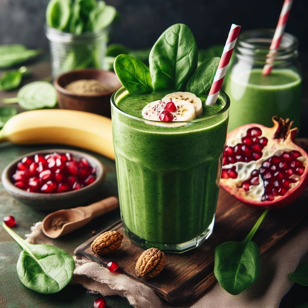 A green smoothie in a glass filled with spinach, banana, pomegranate juice and yogurt