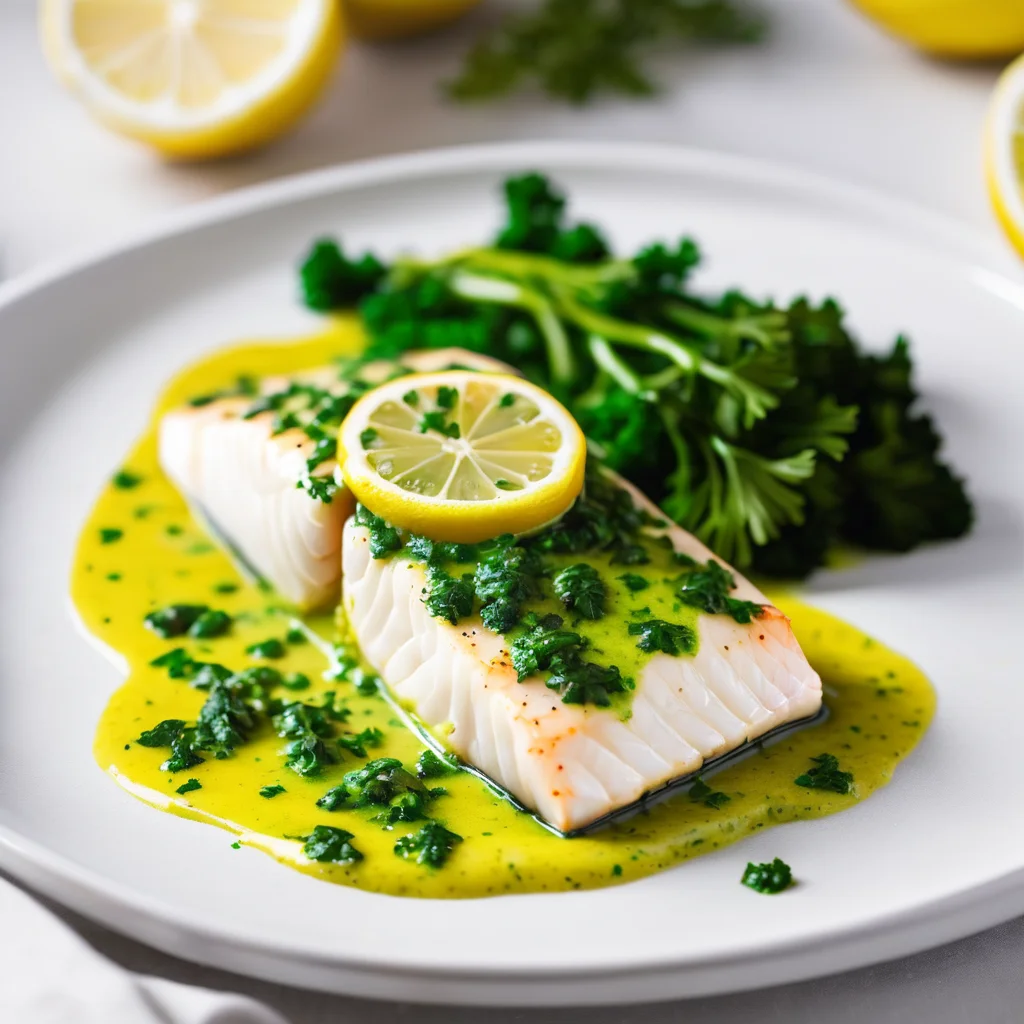 A baked halibut fillet topped with a vibrant lemon-parsley sauce