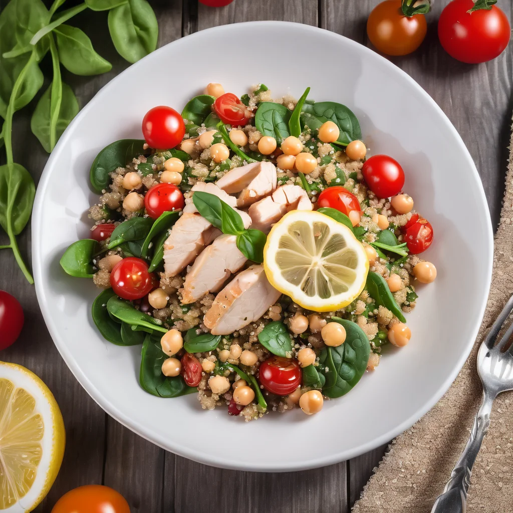 A quinoa chicken spinach salad garnished with cherry tomatoes and chickpeas. Drizzled with lemon vinaigrette.