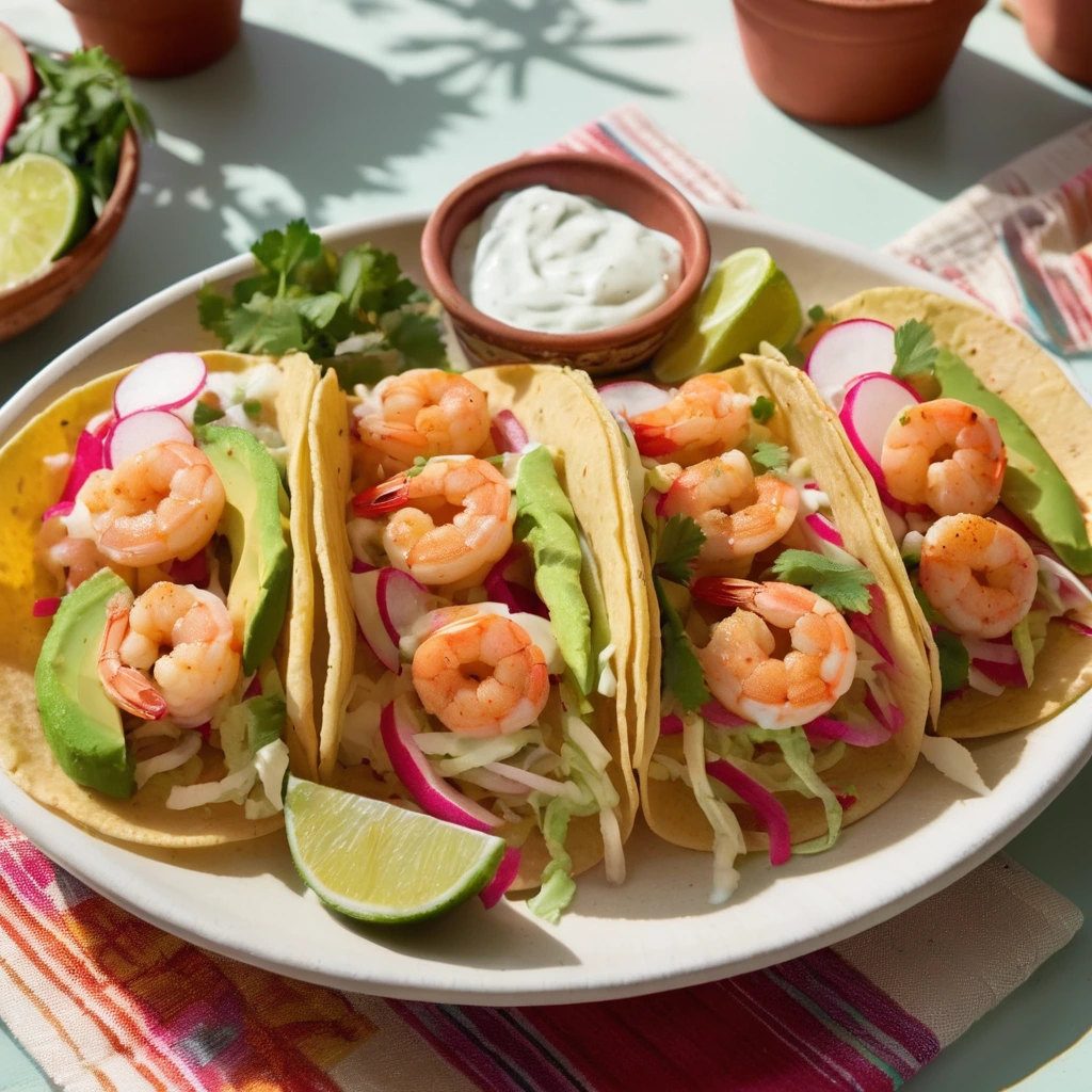 Two shrimp tacos in soft corn tortillas piled with shredded cabbage, radishes, avocado slices and chopped cilantro. Topped with creamy white Greek yogurt lime sauce.