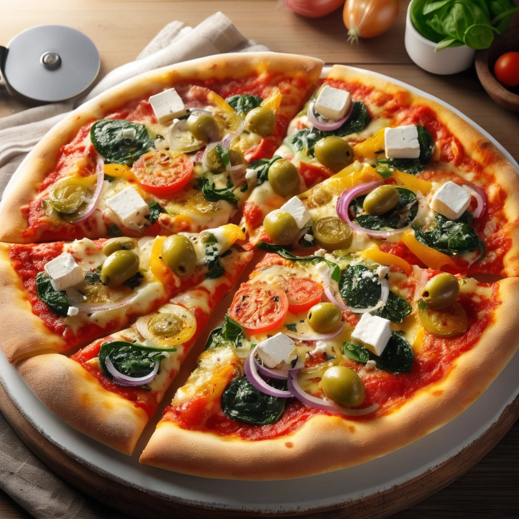 A personal pizza on a wooden pizza peel dusted with flour, loaded with tomato sauce, melted cheese, olives, yellow bell peppers, red onions, and fresh spinach leaves. Golden crust and steam rising.