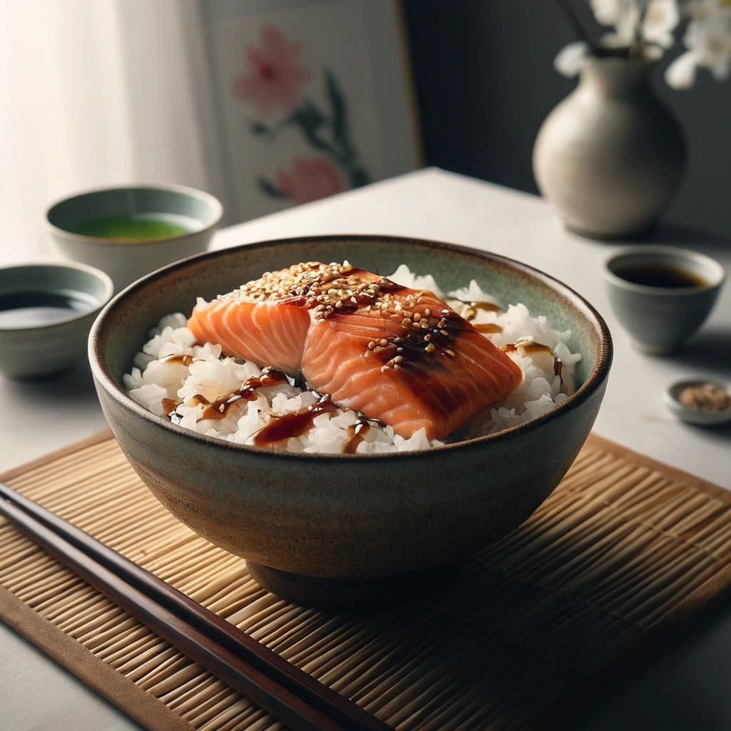 A bowl of brown rice topped with baked salmon and soy sauce