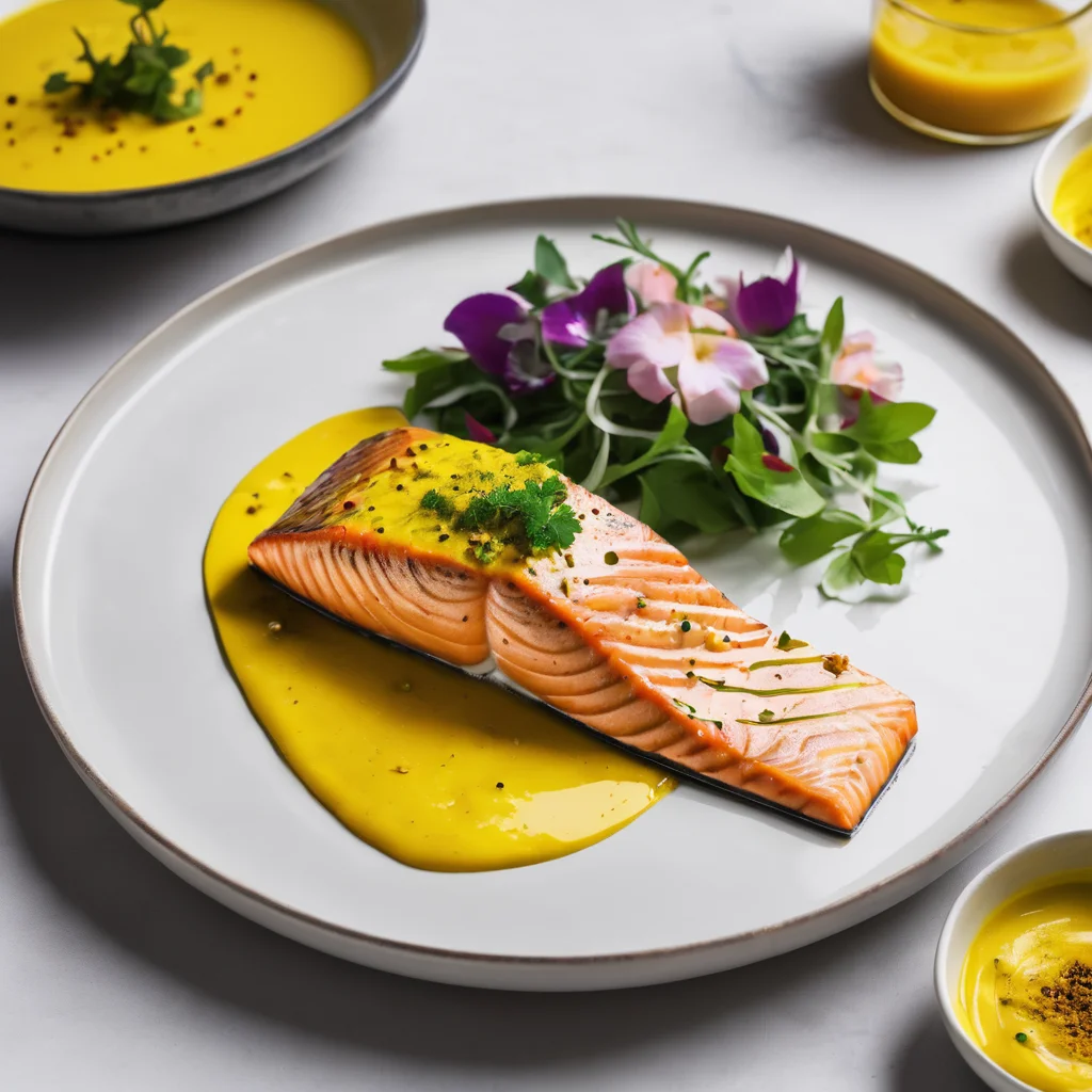 A beautifully plated salmon fillet baked to perfection, topped with a vibrant yellow turmeric dressing