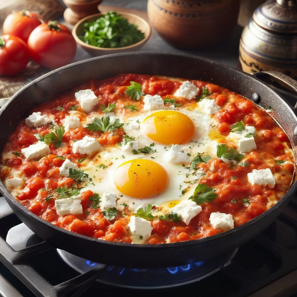 A skillet shakshuka with poached eggs in a simmered tomato, onion and pepper sauce