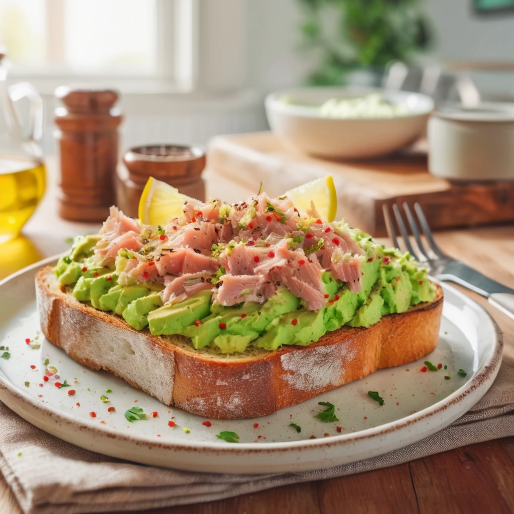 Sourdough toast topped with mashed avocado and tuna