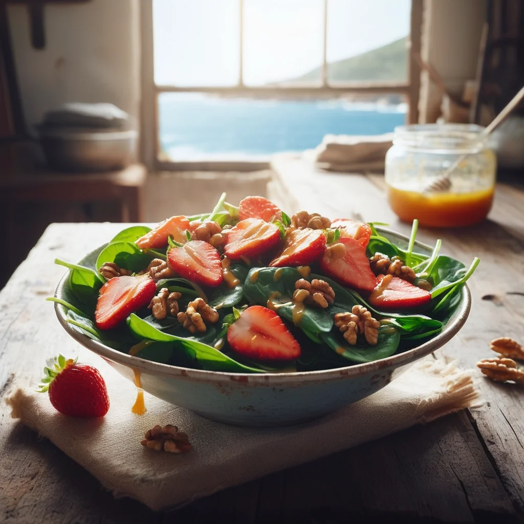 A spinach and walnut salad topped with sliced strawberries and drizzled with honey mustard dressing.