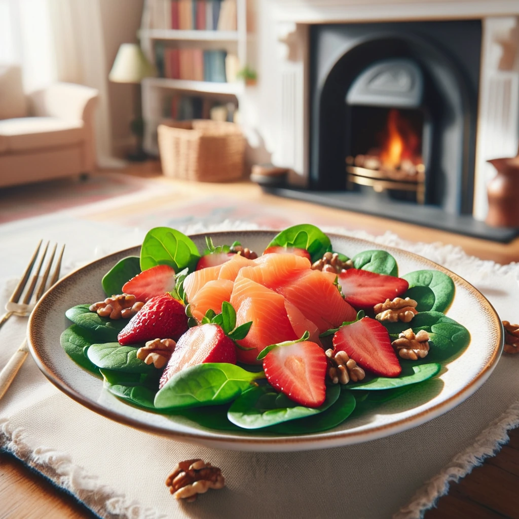 A salmon salad on a bed of spinach with strawberries, walnuts, olive oil and balsamic vinegar.