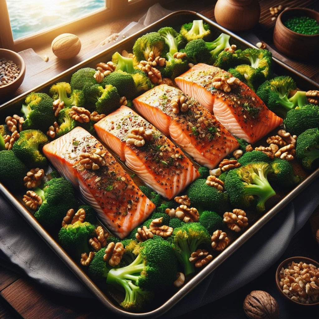 Sheet pan with salmon baked atop broccoli florets and sprinkled with walnuts