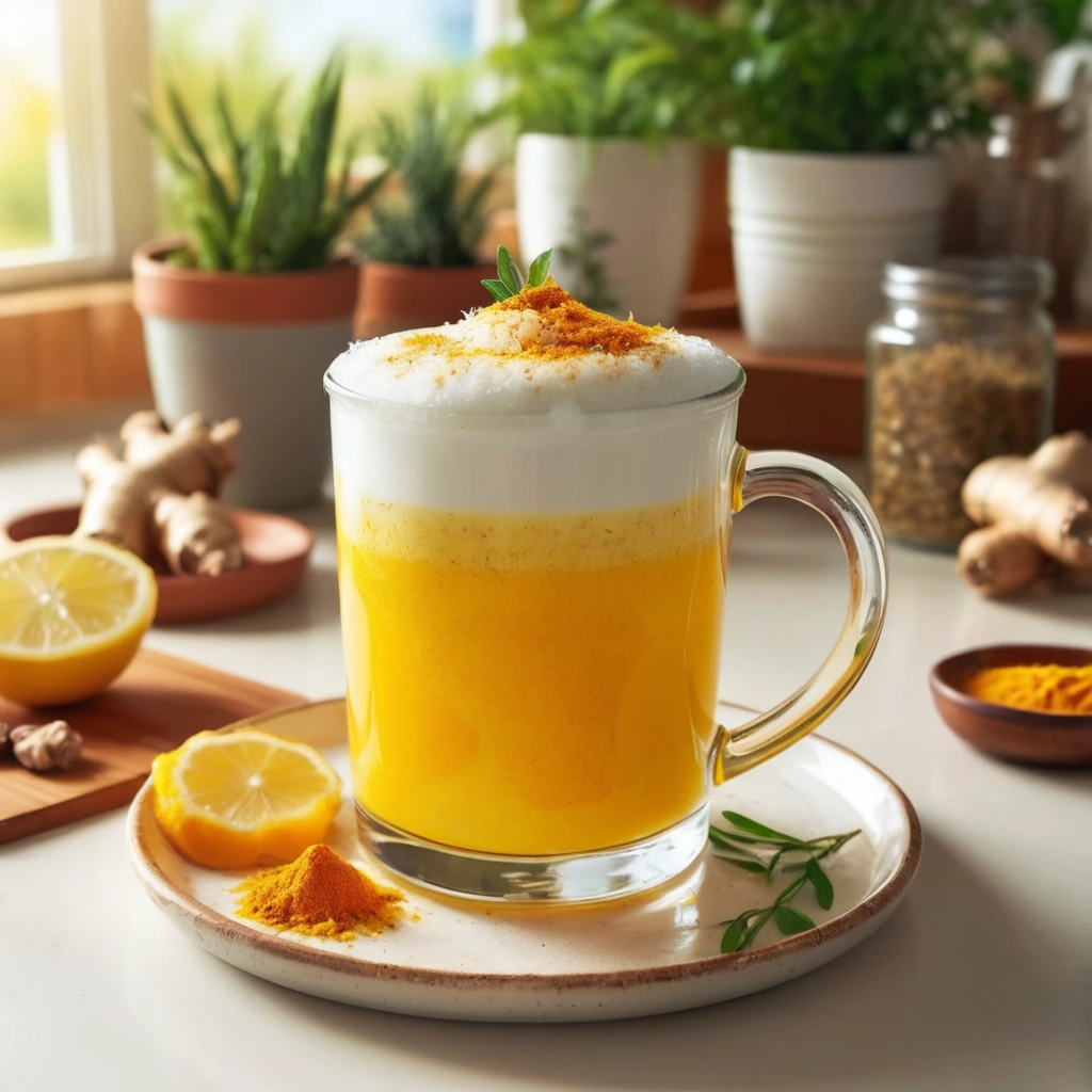 A warm yellow turmeric tonic garnished with sliced lemon and grated ginger